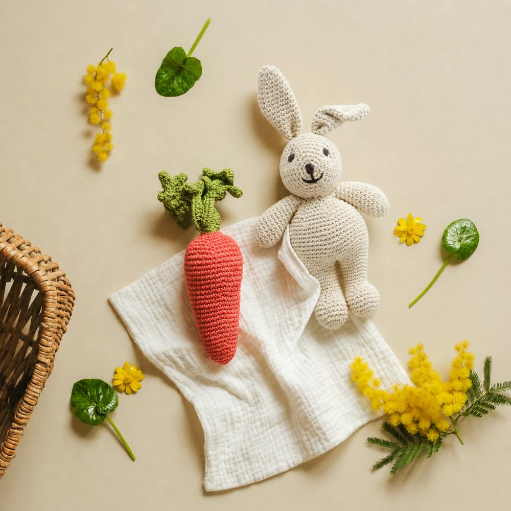 Rabbit & Carrot Gift Box 🥕🐰 100% organic cotton crochet rattle and plush lovey