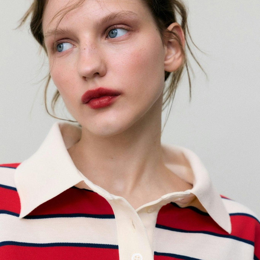 Acacia Woman Polo Tulip Red & Midnight Stripes