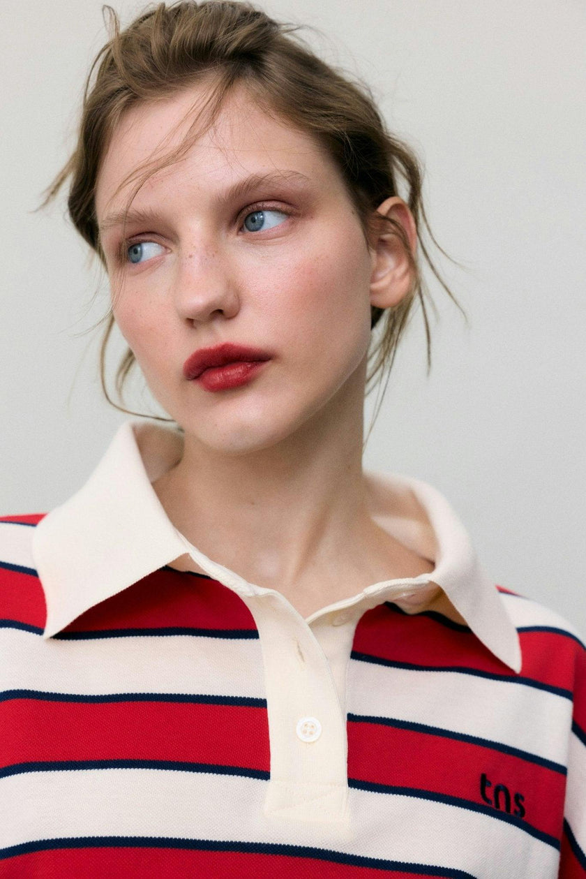 Acacia Woman Polo Tulip Red & Midnight Stripes