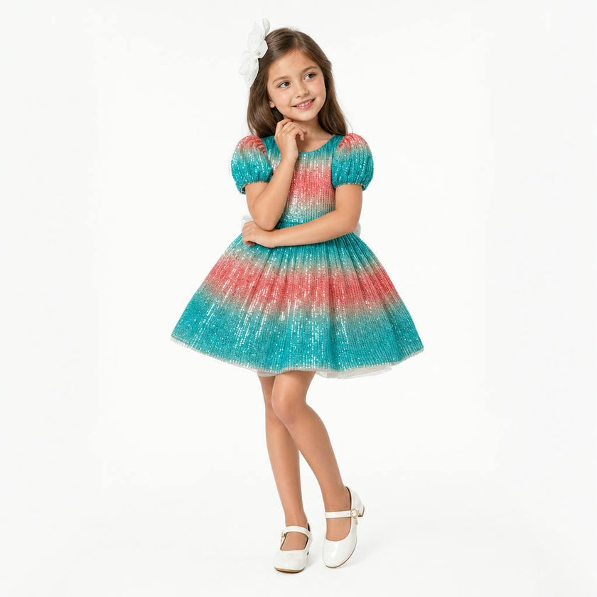 Aqua Sunset Sparkle Sequin Birthday Dress for Girls