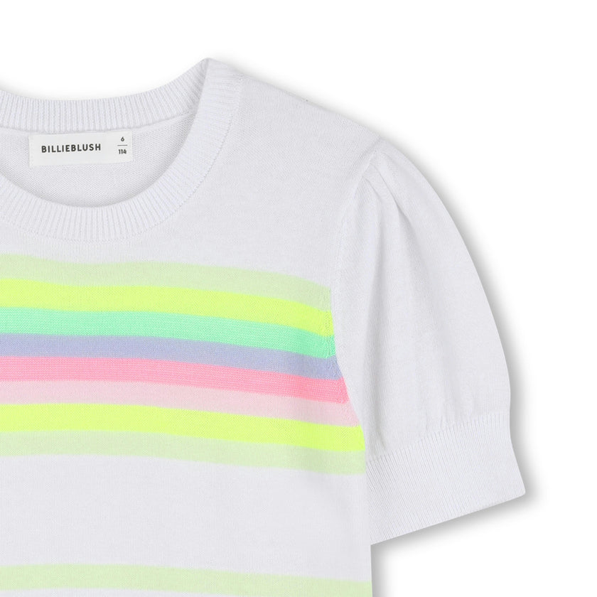 White Knit Sweater with Colorful Neon Stripes