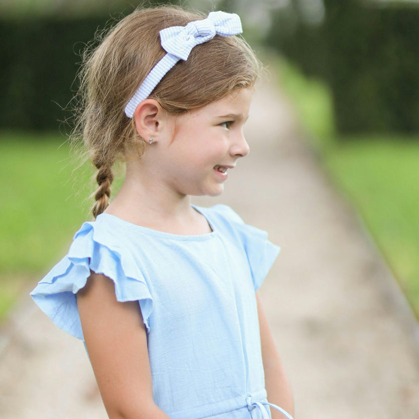 Seersucker Bow Headband in Blue/White