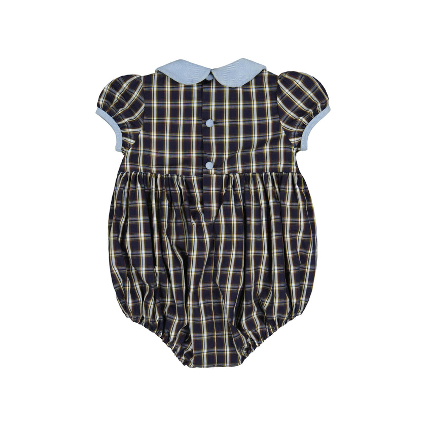 Angelica Navy Tartan Short Sleeve Smocked Bubble