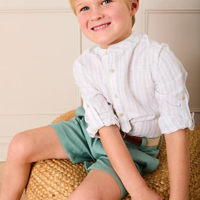 Hampton Stripe Mao Collar Shirt in Green (3- 10yrs)