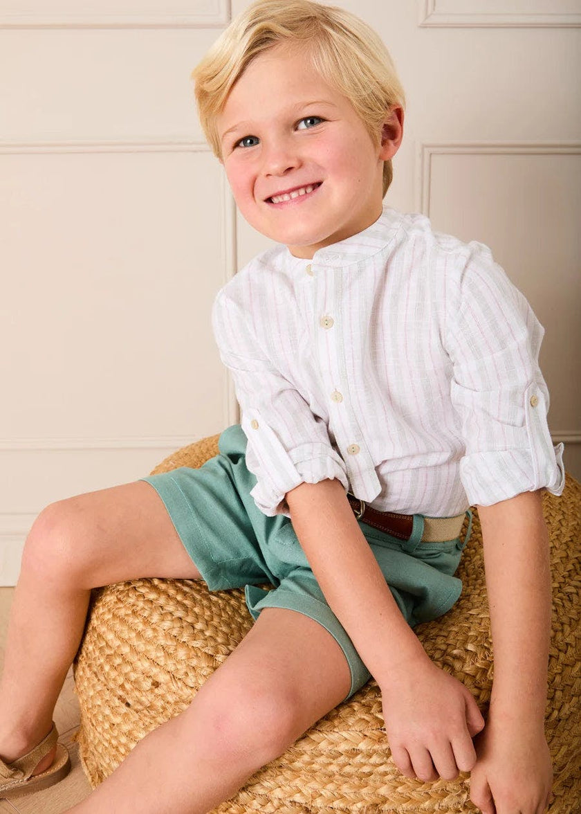Hampton Stripe Mao Collar Shirt in Green (3- 10yrs)