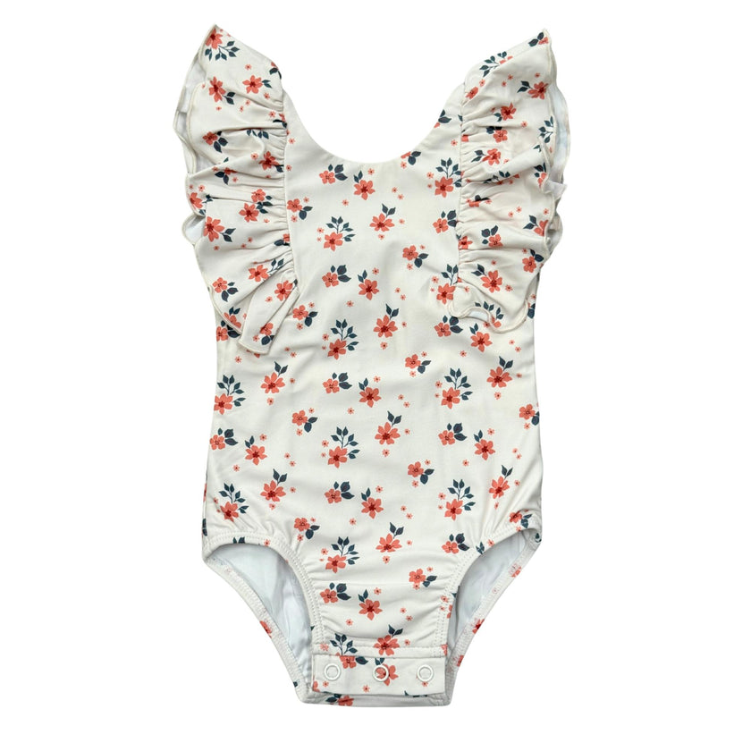 Girl's Ruffle Sleeve Cross Back Swimsuit