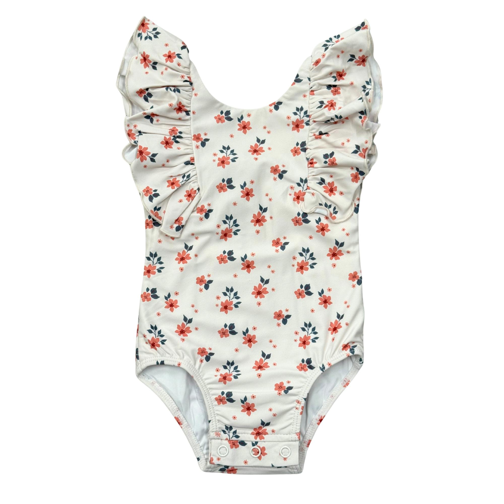 Girl's Ruffle Sleeve Cross Back Swimsuit
