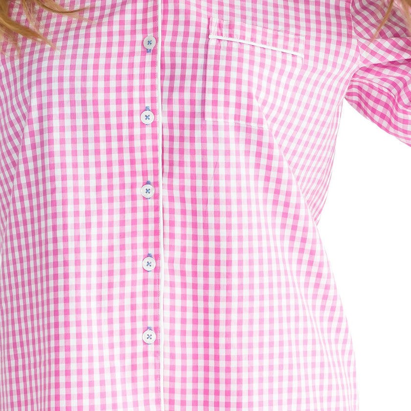Women's Hepburn Gingham Pink Long PJ Set - Organic Cotton Poplin