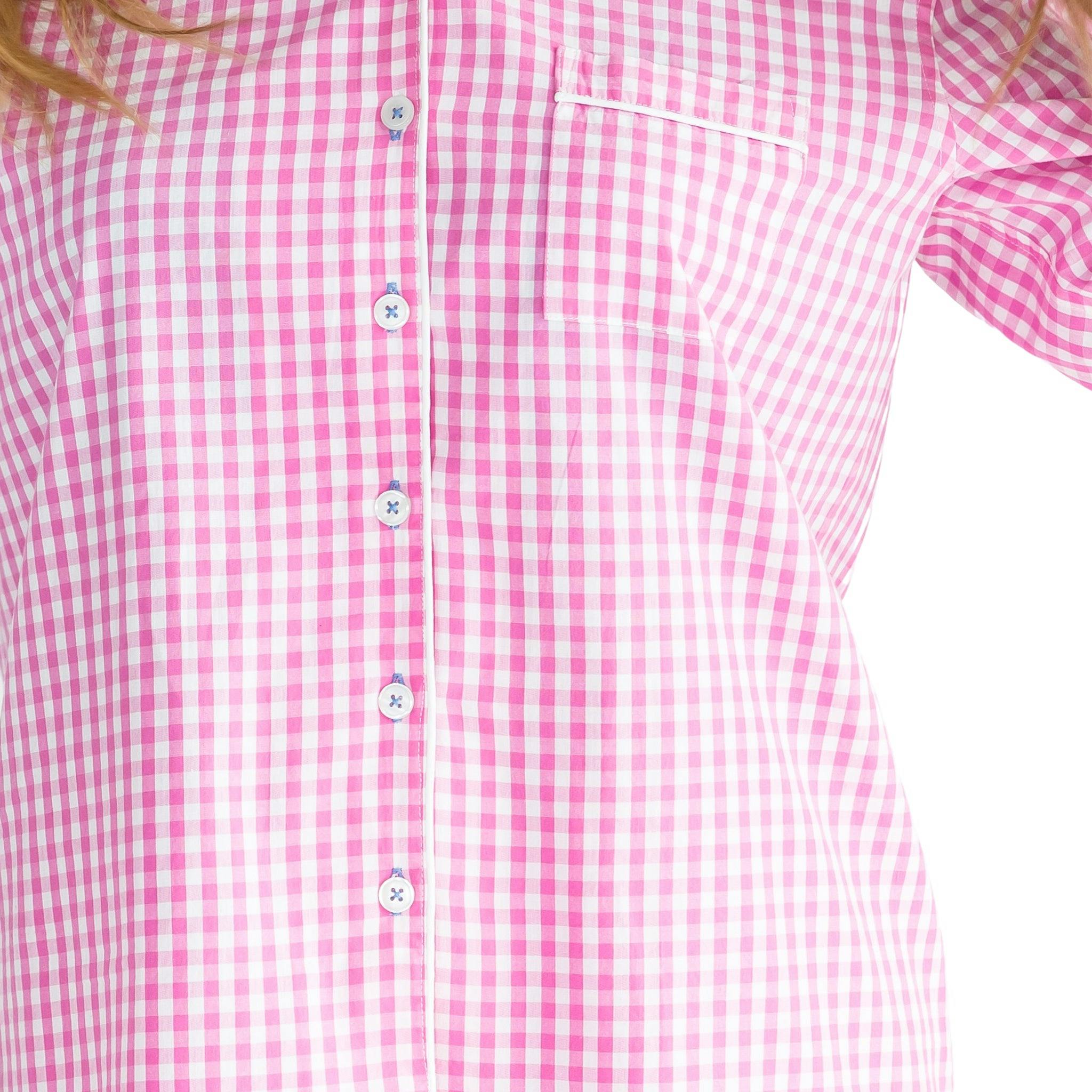 Women's Hepburn Gingham Pink Long PJ Set - Organic Cotton Poplin