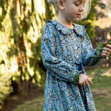 Girls Adelaide Velvet Tie Dress | Blue and Mustard Wildflowers