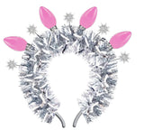 Packed Party Tinsel Topper Christmas Light Novelty Headband - Silver Tinsel with Pink Christmas Lights and Silver Glitter Stars for Holiday Parties, One Size