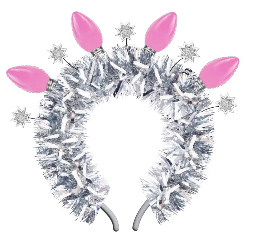 Packed Party Tinsel Topper Christmas Light Novelty Headband - Silver Tinsel with Pink Christmas Lights and Silver Glitter Stars for Holiday Parties, One Size