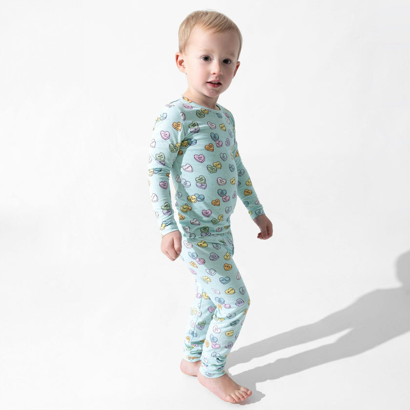 Candy Hearts Blue Bamboo Kids Pajamas