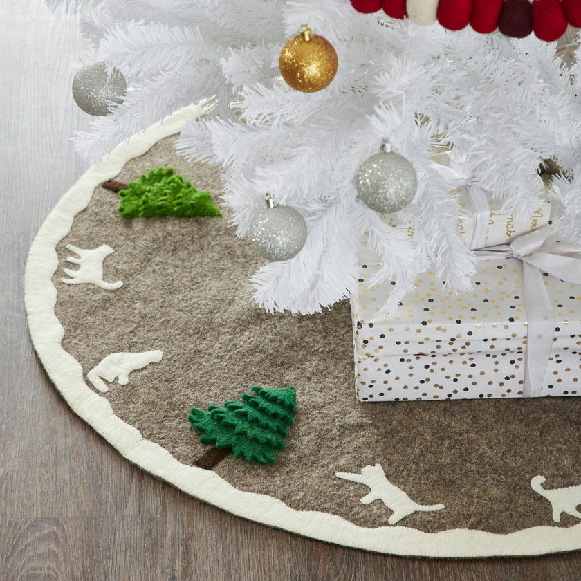 Handmade Felted Cats and Green Trees Grey Christmas Tree Skirt 36",