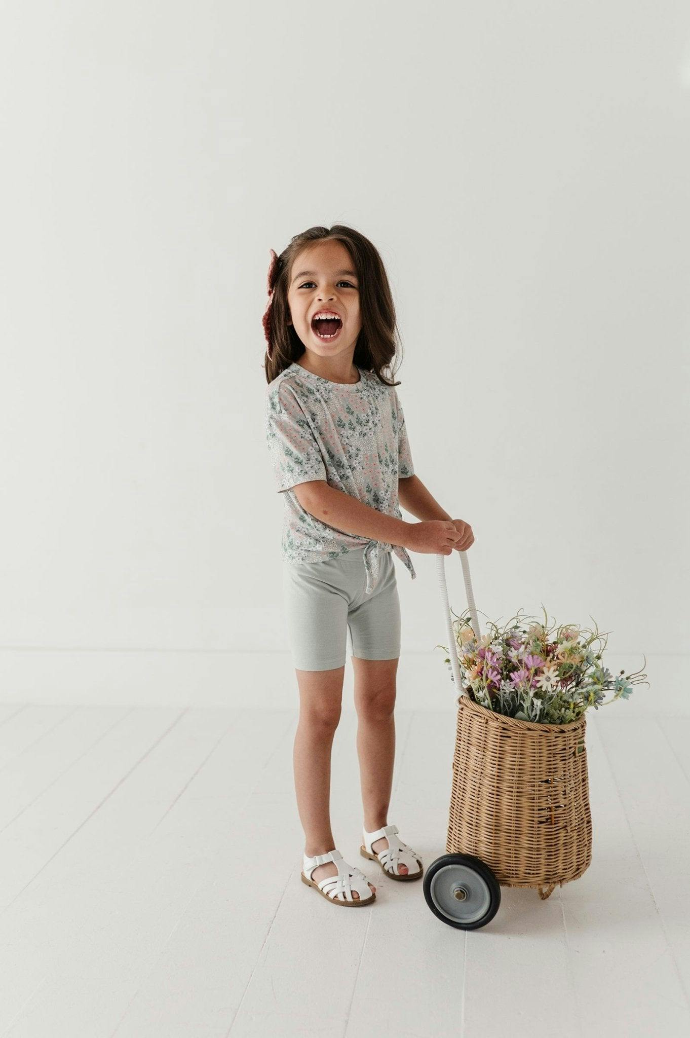 Girls Tie Front Shirt in Aqua Grey Floral