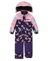 Kids One Piece Play Snowsuit Purple Unicorn Print