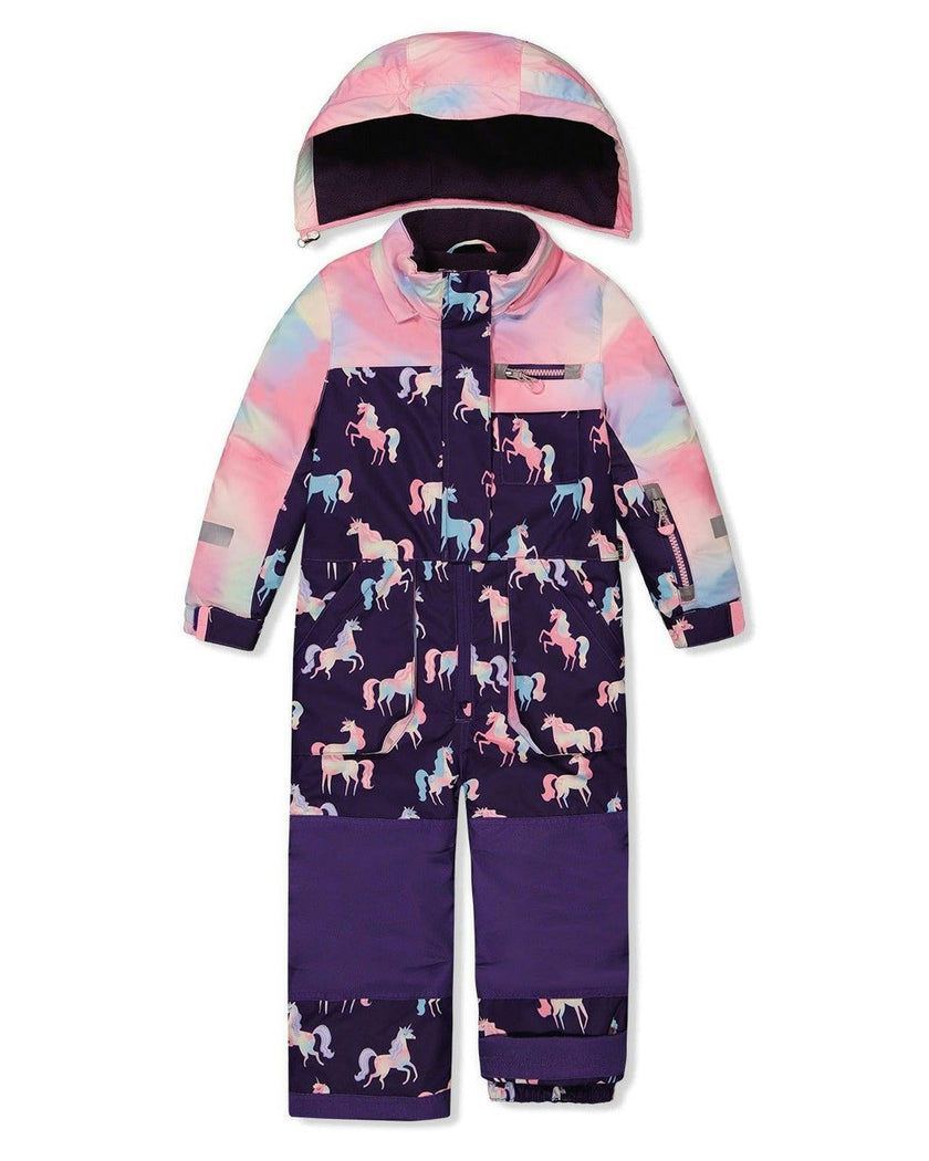 Kids One Piece Play Snowsuit Purple Unicorn Print