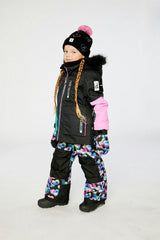 Two Piece Play Snowsuit Black, Blue And Pink Colorblock With Heart Print Pants
