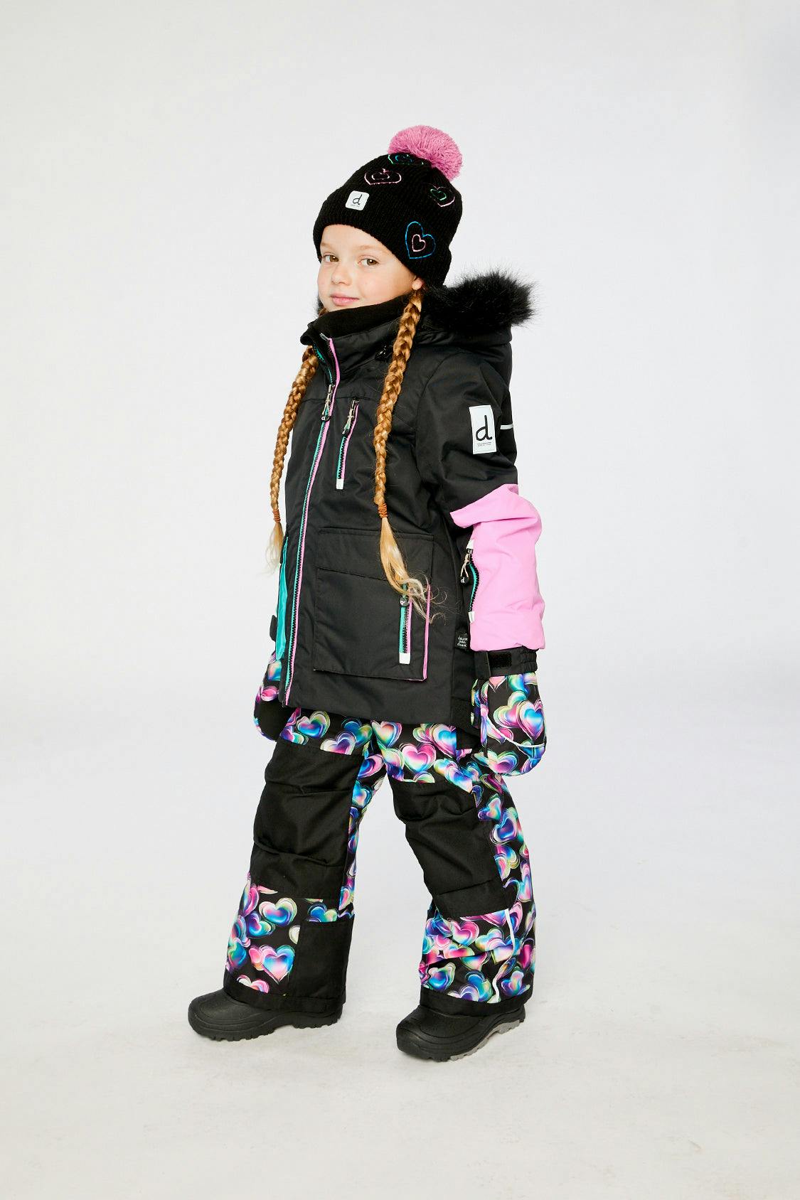 Two Piece Play Snowsuit Black, Blue And Pink Colorblock With Heart Print Pants