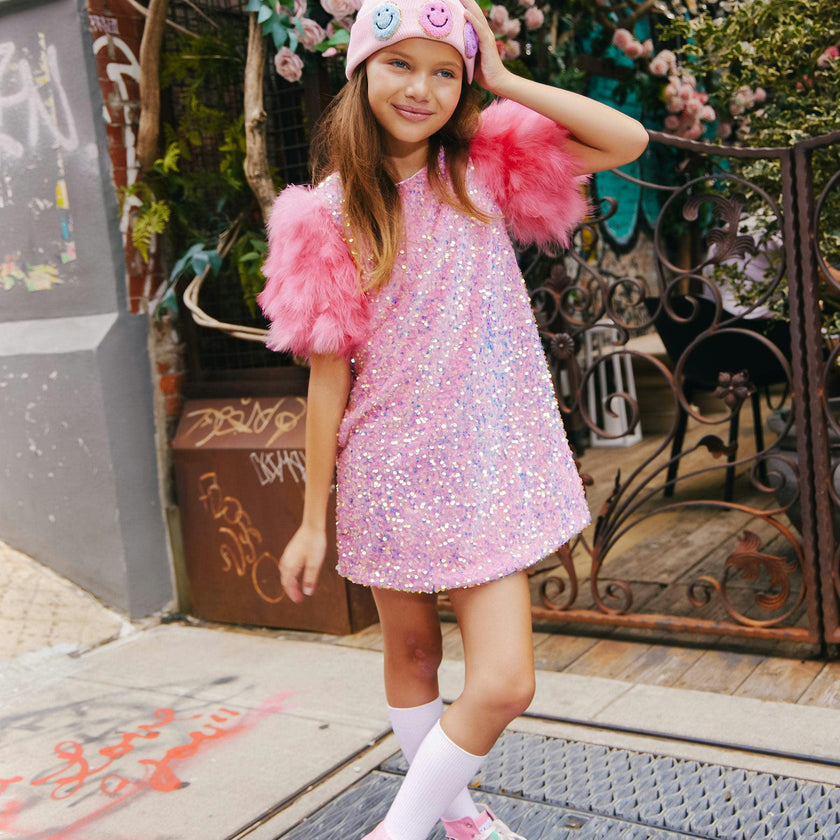 Feather Puff Sleeve Sequin Party Dress