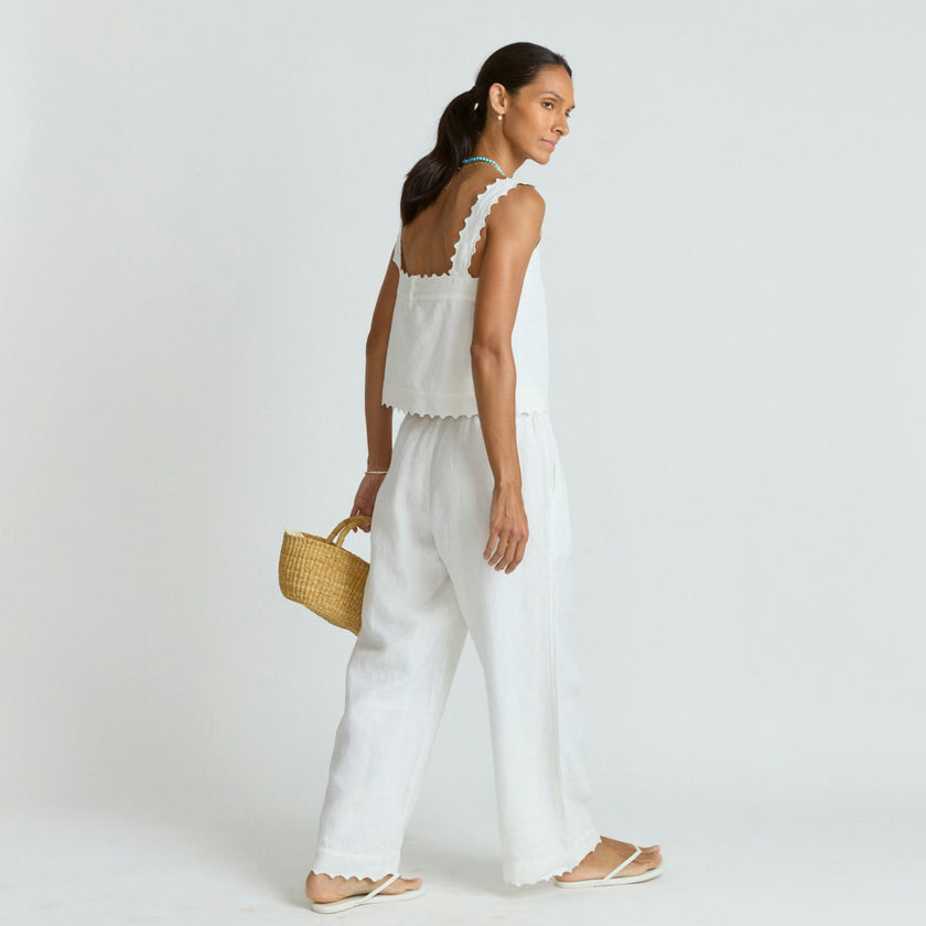 women's white scalloped linen beach pant