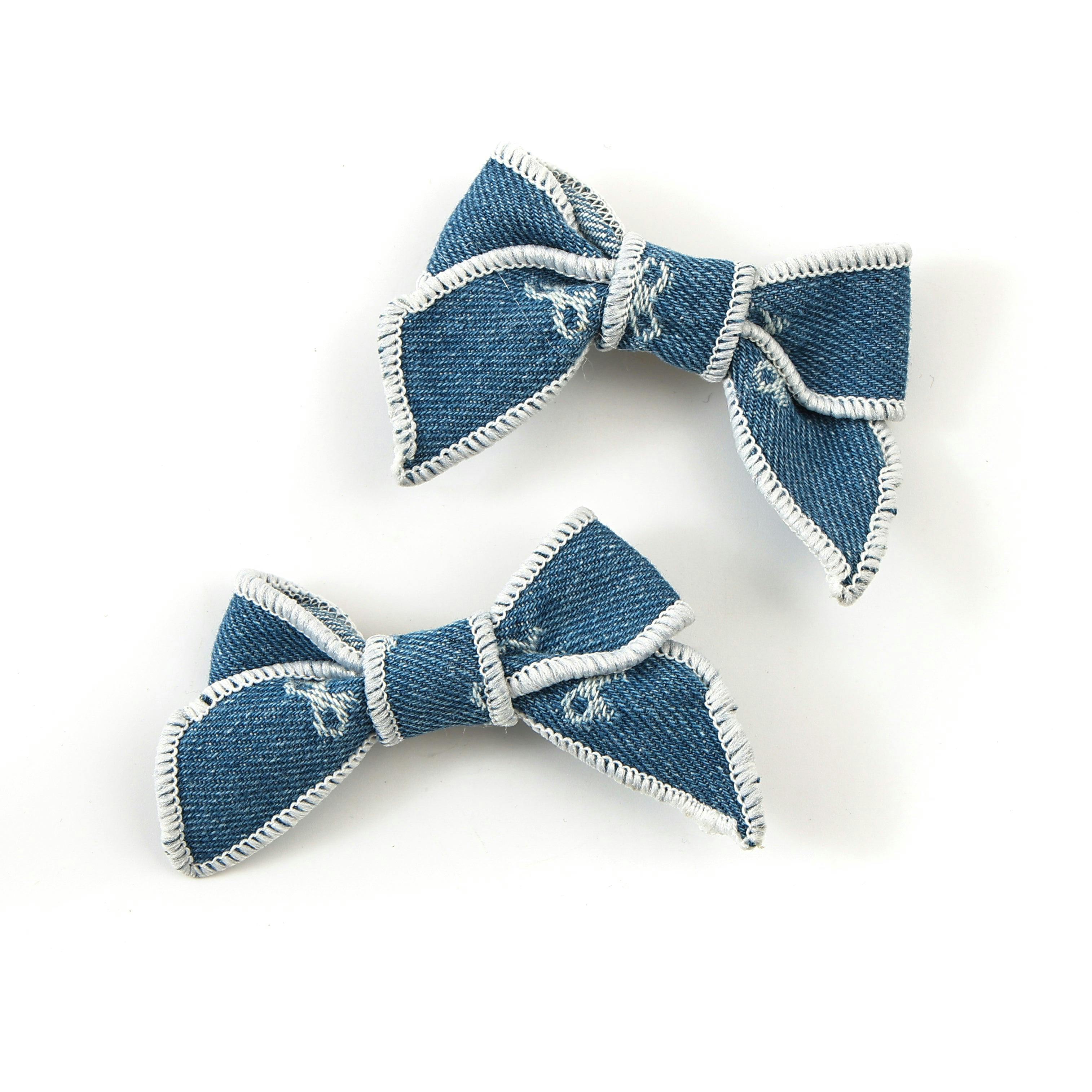 Halo Luxe Rae Signature Bow Printed Double Clip Set - Light Jean Wash