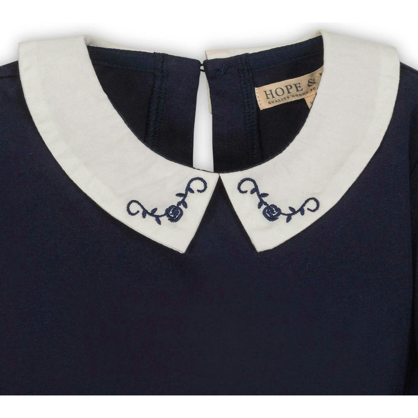Organic Long Sleeve Knit Top with Woven Collar, Blue