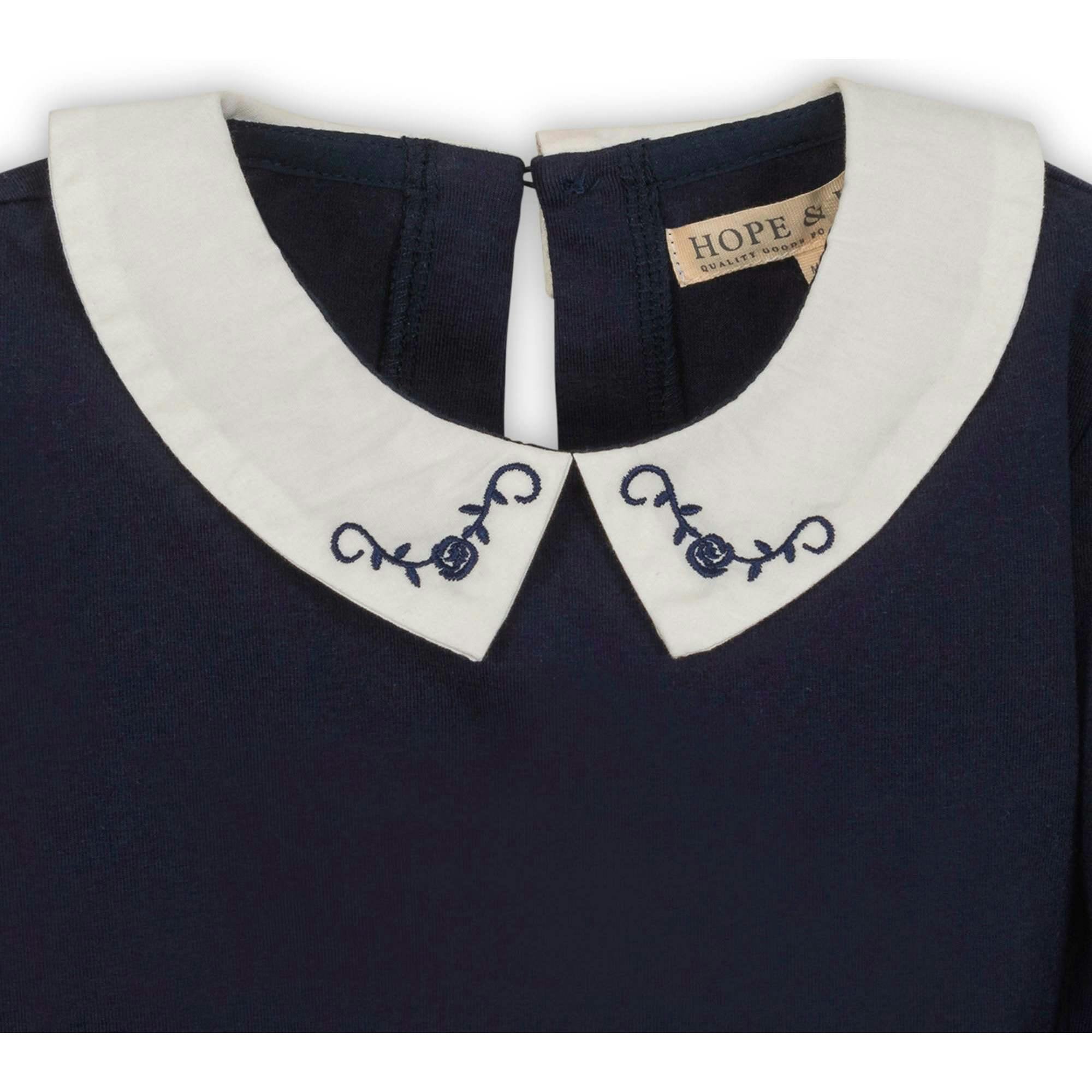 Organic Long Sleeve Knit Top with Woven Collar, Blue