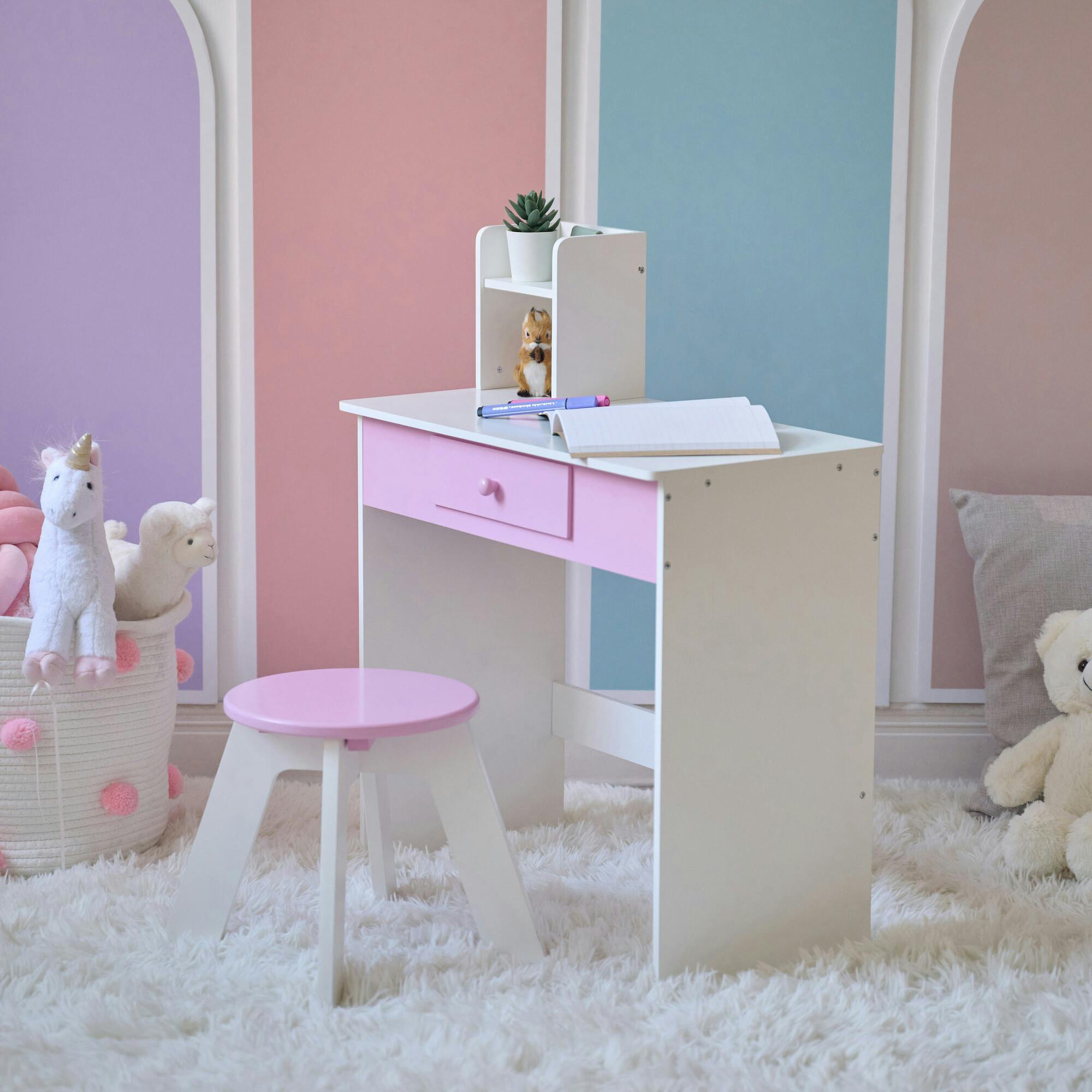 Rosé Shine Wood Vanity & Desk with LED Mirror & Stool