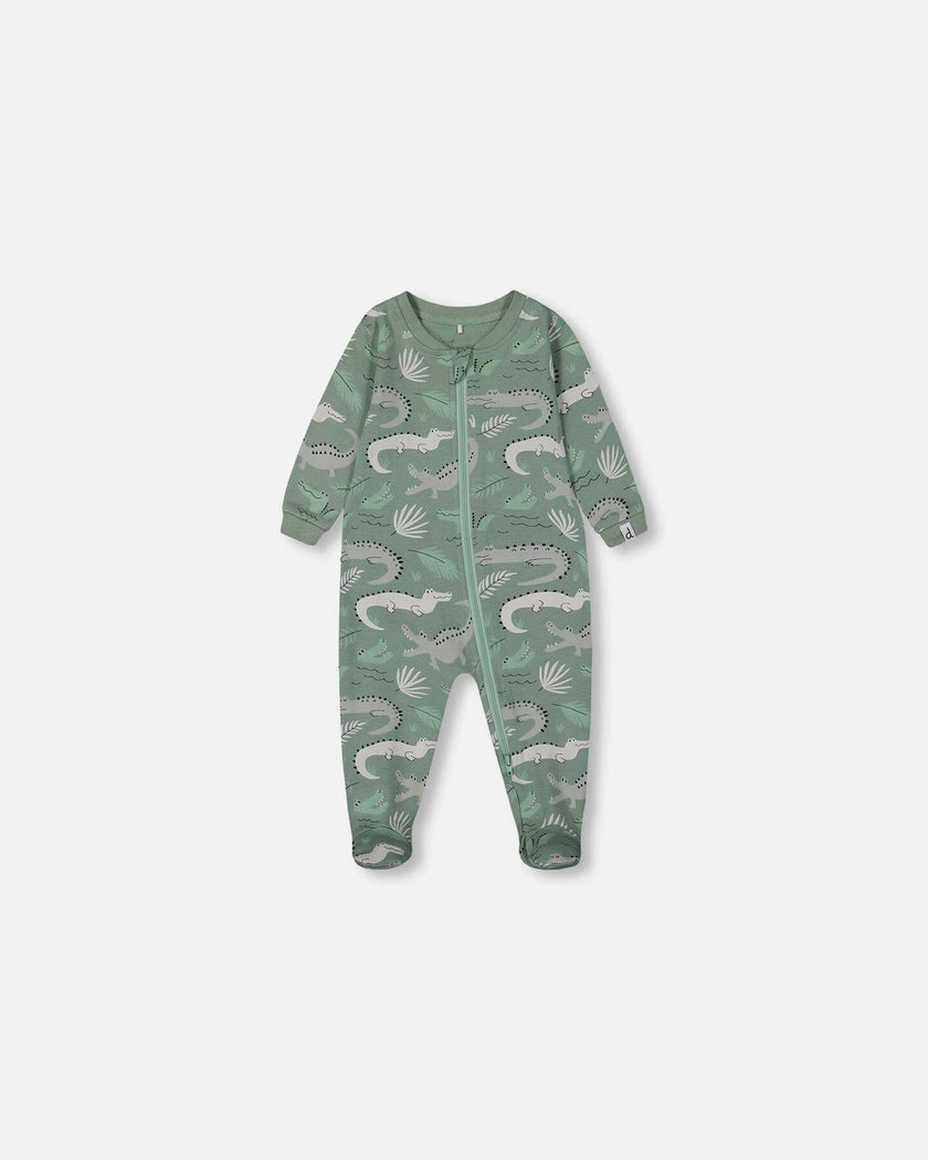 Printed Organic Cotton One-Piece Pajama Light Sage And Gray Crocodile