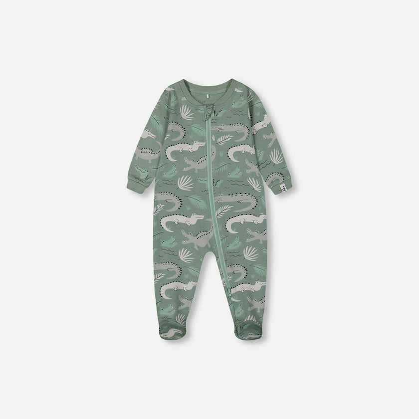 Printed Organic Cotton One-Piece Pajama Light Sage And Gray Crocodile