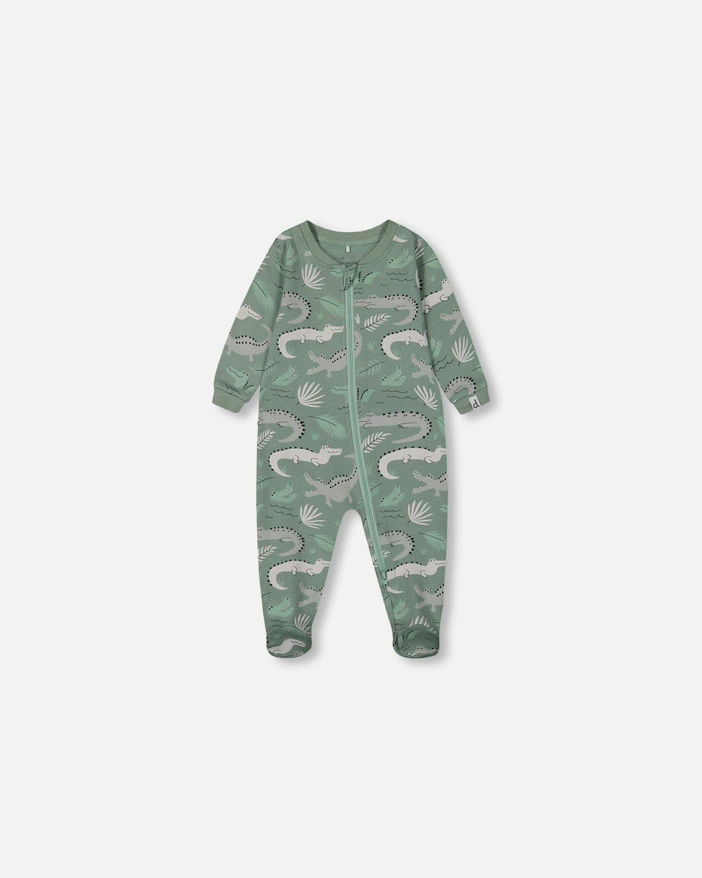 Printed Organic Cotton One-Piece Pajama Light Sage And Gray Crocodile