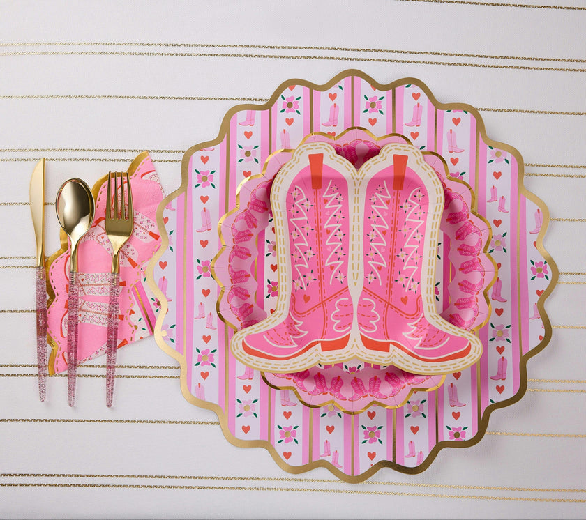 Packed Party Boot Scoot Blooms Western Dinner Napkins 20ct - Gold Foil Scalloped Pink Western Pattern 3-Ply Napkins for Western Parties