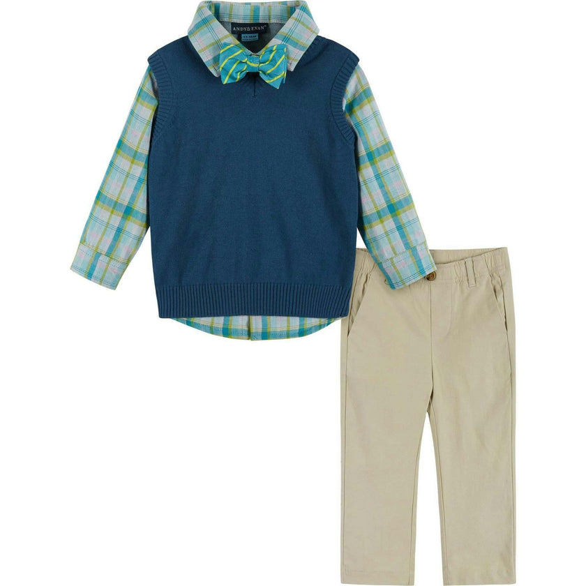 Infant Boys 4-Piece Vest Set | Navy & Khaki Plaid