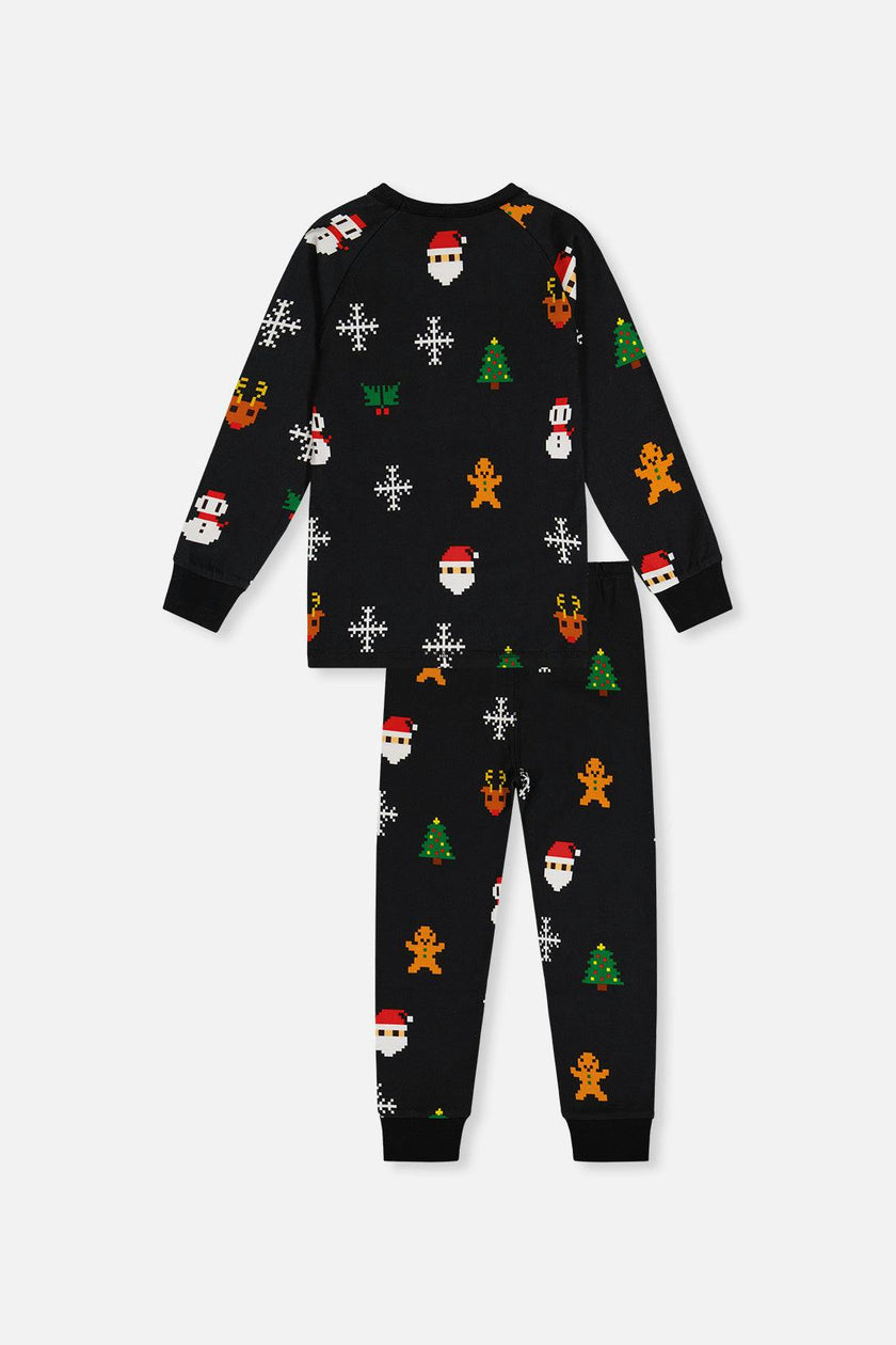 Organic Cotton Two Piece Pajama Set Black Christmas Pixel Print