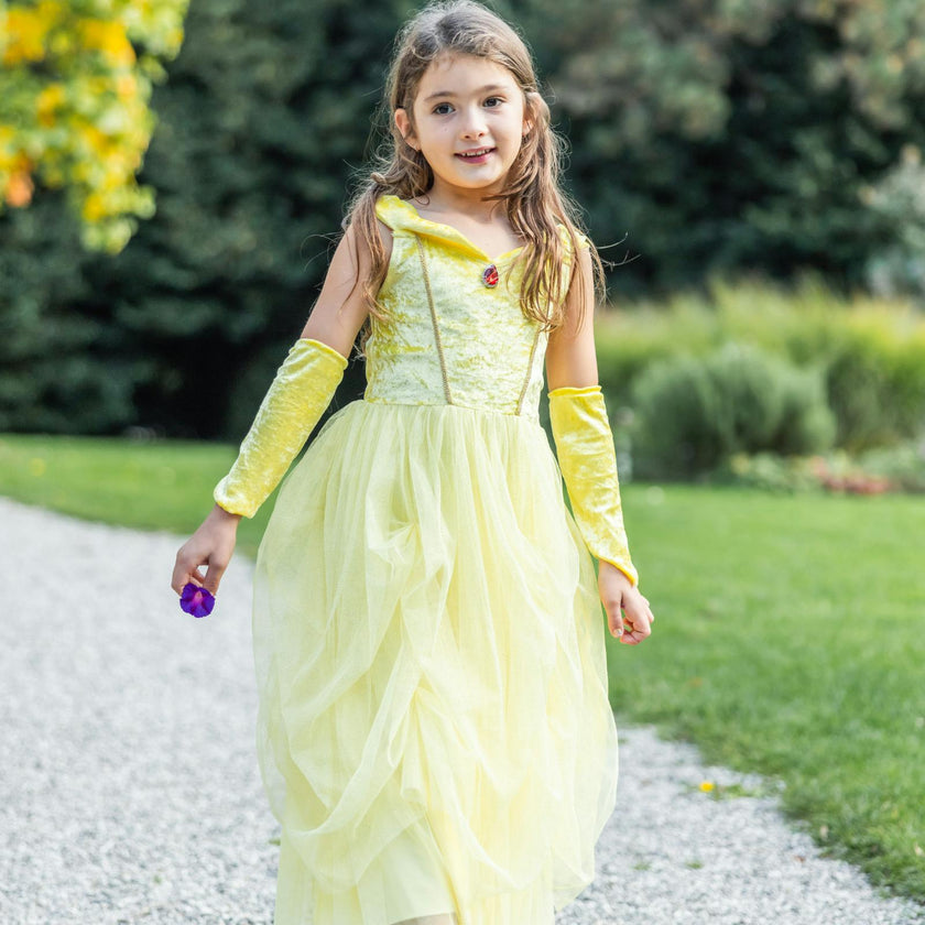 Velvety Soft Yellow Princess Gown with Arm Warmers