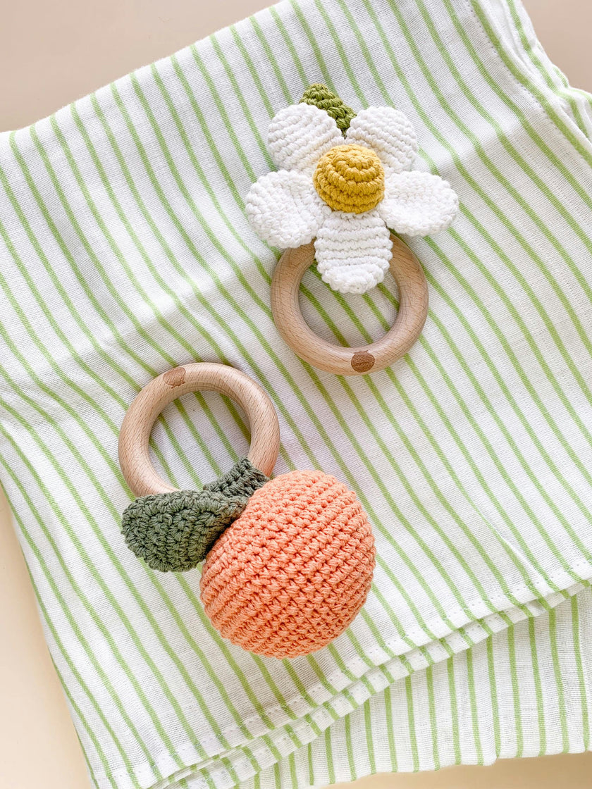 Green Stripe Swaddle and Teether Set - Orange