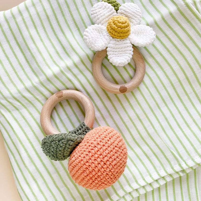 Green Stripe Swaddle and Teether Set, Orange