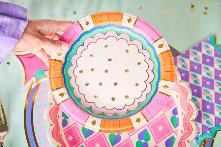 Packed Party Circus Soiree Dessert Plates 10ct - Gold Foil Colorful 3-Ply Party Plates, 8 Inch, 350 GSM for Circus and Carnival Birthdays