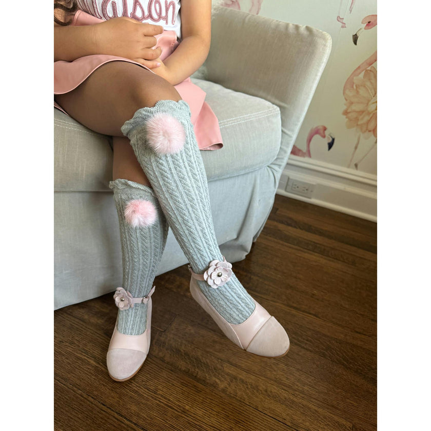 Grey Knee High Socks with Poms
