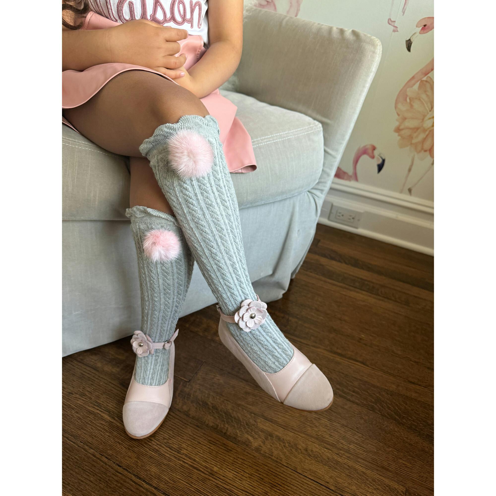 Grey Knee High Socks with Poms