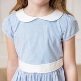 Organic Short Sleeve Seersucker Dress with Peter Pan Collar, Blue