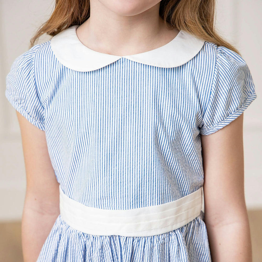Organic Short Sleeve Seersucker Dress with Peter Pan Collar, Blue