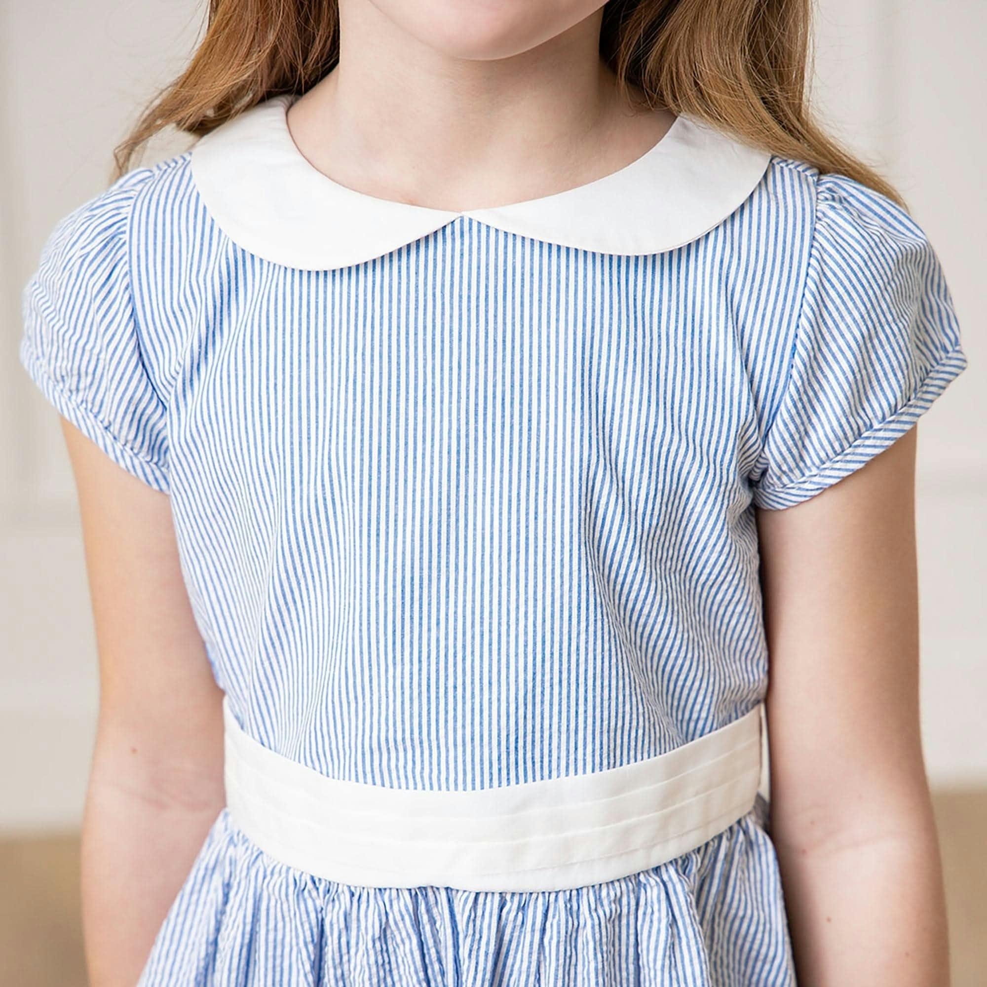 Organic Short Sleeve Seersucker Dress with Peter Pan Collar, Blue