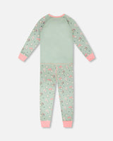 Organic Cotton Two-Piece Pyjama Set Green Kitten Print