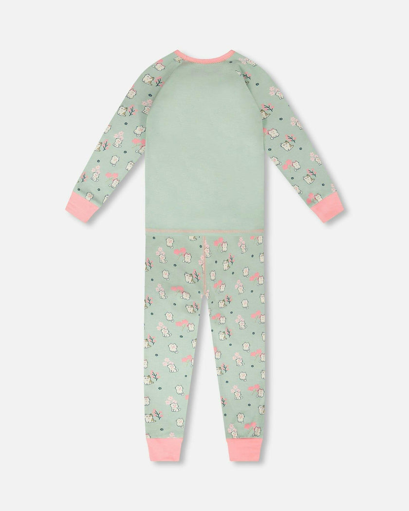 Organic Cotton Two-Piece Pyjama Set Green Kitten Print