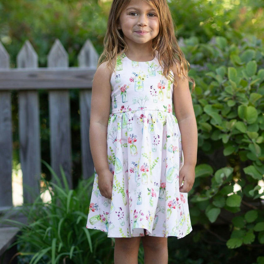 Cross Back Twirly Dress in Pink Plants