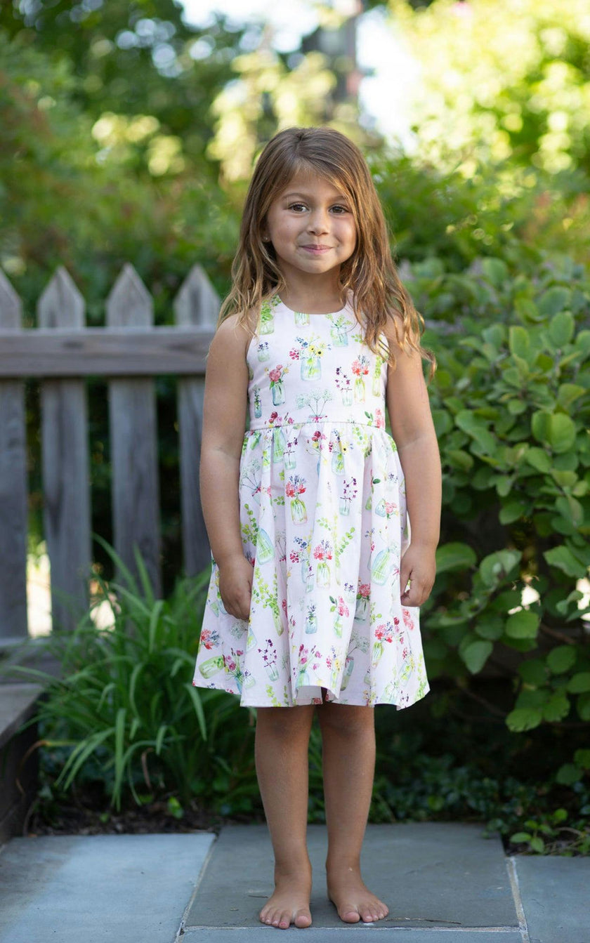 Cross Back Twirly Dress in Pink Plants