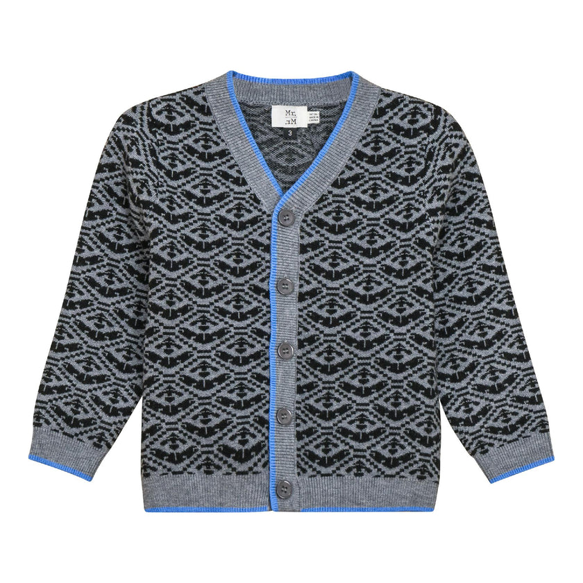 Jacquard Knit Cardigan Charcoal/Blue