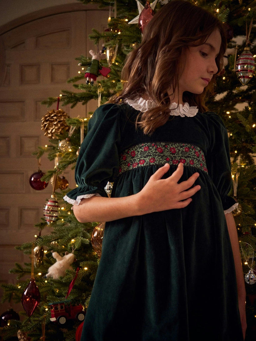 Dark Green Silas Velvet Girl Dress
